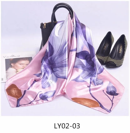 Wholesale Fashion Floral Print Kerchief Silk Satin Shawls and Wraps Hijab Scarfs Female 90cm*90cm Square Bag Scarves For Ladies