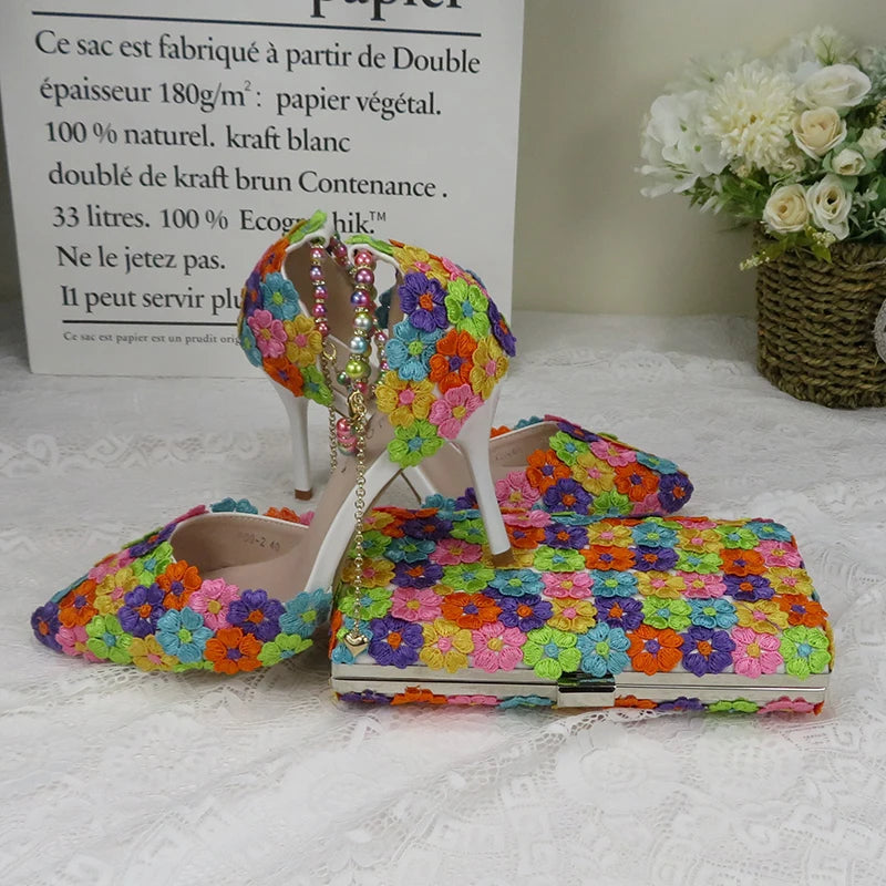 Fashion multicolored Flower Wedding Shoes With Matching Bags High Heels Pointed Toe Ankle Strap Ladies Party shoe and bag set