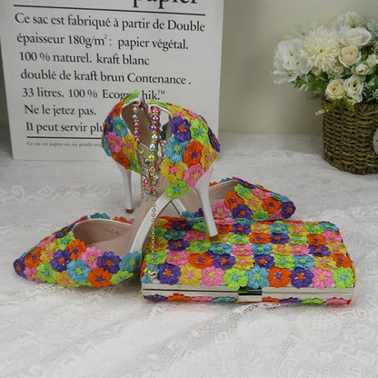 Fashion multicolored Flower Wedding Shoes With Matching Bags High Heels Pointed Toe Ankle Strap Ladies Party shoe and bag set
