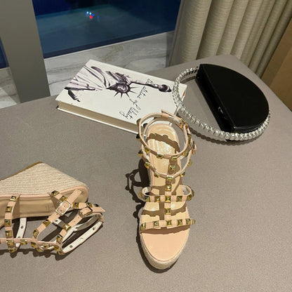 Rivet Wedges Women Sandals Open Toe Ankle Buckle Strap Ladies Platform Wedges Sandals High Heels Roman Rattan Grass Woven Shoes