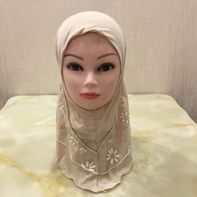 H043 beautiful small girl hijab with flower net cute hijab hats women's caps can fit 2-6 years old girls muslim baby headscarf