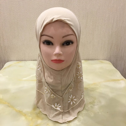 H043 beautiful small girl hijab with flower net cute hijab hats women's caps can fit 2-6 years old girls muslim baby headscarf