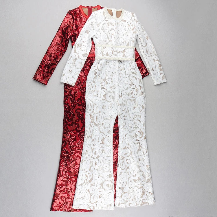 2021 Spring New Jumpsuits Hot Sale Sexy Lace Hollow Out Rompers Red Flame Pants Women's Fashion Club Street Wear