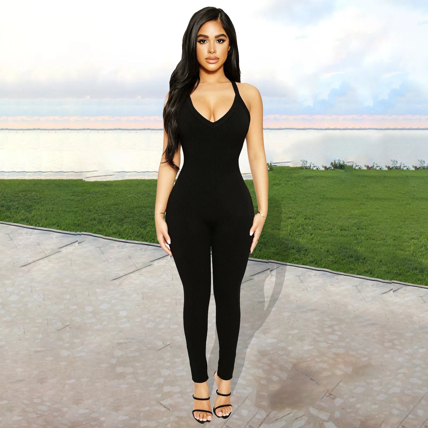 Sexy Cleavage Jumpsuits Women Classic Simple Casual Sporty Wear Sleeveless V-Neck Back Criss Cross Active Casualwear