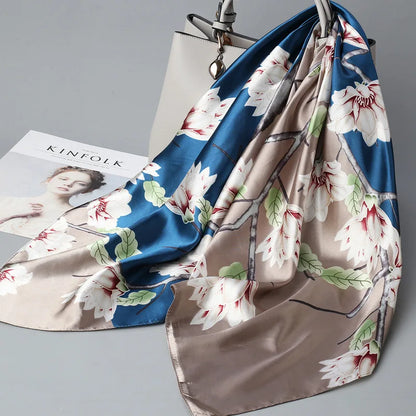 Wholesale Fashion Floral Print Kerchief Silk Satin Shawls and Wraps Hijab Scarfs Female 90cm*90cm Square Bag Scarves For Ladies