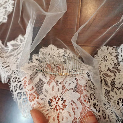 Customized Mantilla Wedding Veil with Eyelash Lace, 2.5m/3m/3.5m/4m Single Tier Long Ivory Bridal Veil with Hidden Comb