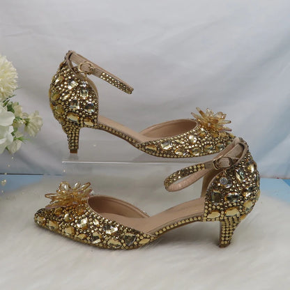 Customized Champagne Golden crystal women Wedding shoes Rhinestone high heels ankle strap shoes women party dress shoes