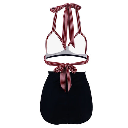 Pleated Bikini Red Top Navy Blue With White Dots Bottom Women Classic High Waist Halter Bikini Sets Plus Size Two-piece Swimwear