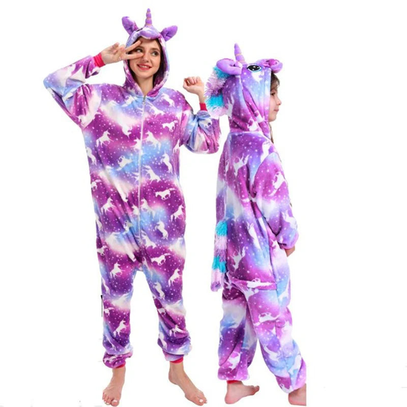 Animal Onesies Winter Flannel Family Matching Pajamas for Kids and Adult Unicorn Sleepwear Pyjamas Boys Girls Homewear Jumpsuit