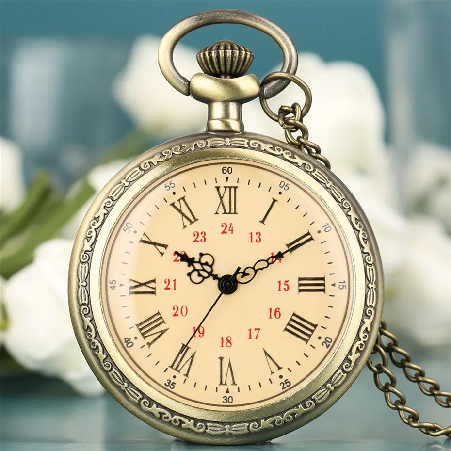 Bronze Retro Roman Numerals Display Quartz Pocket Watch Vintage Pendant Clock for Men Women Fob Sweater Chain / Hanging Chain