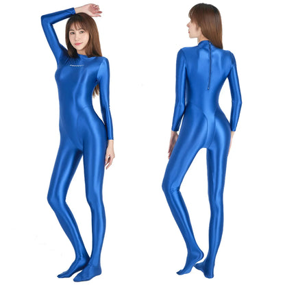 AMORESY Sexy Shiny Long Sleeve Full Length Oil Tights Smooth Leotard Running Overall Yoga Zentai Casual Sport Jumpsuits Catsuits
