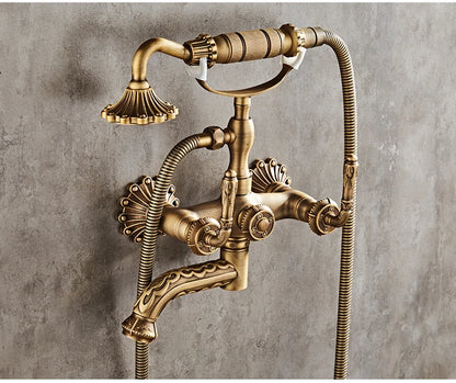 Antique Brass Bathtub Shower Faucets Set Wall Mounted Bath Shower Set Swivel Tub Spout Bath Shower Dual Control Carved Mixer Tap