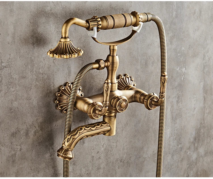 Antique Brass Bathtub Shower Faucets Set Wall Mounted Bath Shower Set Swivel Tub Spout Bath Shower Dual Control Carved Mixer Tap