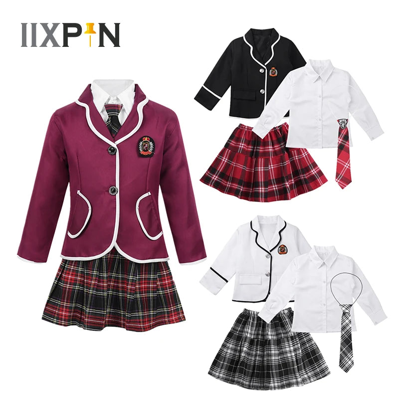 Kids Girls British Style School Uniforms Student Cosplay Anime Costume Suit Long Sleeve Coat With Shirt Tie Mini Skirt Set 4Pcs