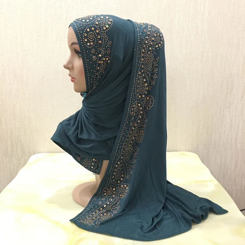 H099 high quality soft jersey scarf with stones pull on modal headscarf women's hijab islamic female shawl headwrap