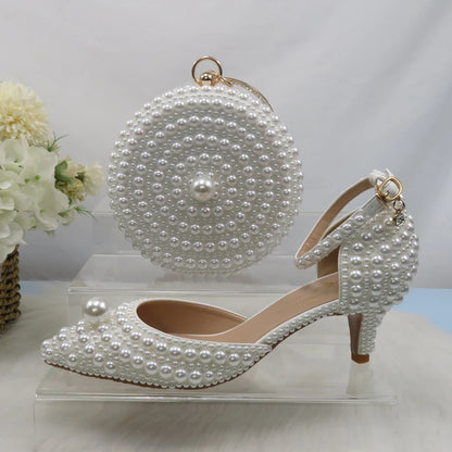 BaoYaFang White Beads Pearl Women Wedding Shoes Bride High Heels Shoes Ladies Super Big Size Party Dress Shoes Woman Pointed Toe
