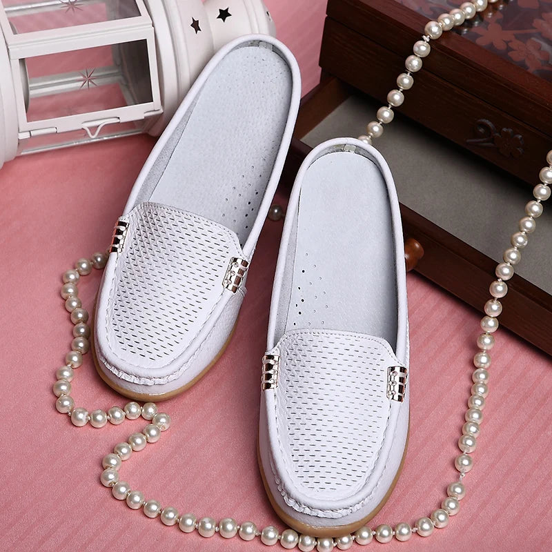 Women Casual Shoes Hollow Out Lady Half Lofers Genuine Leather Flats Moccasins Women Luxury Brand Half Slippers Zapatillas Mujer