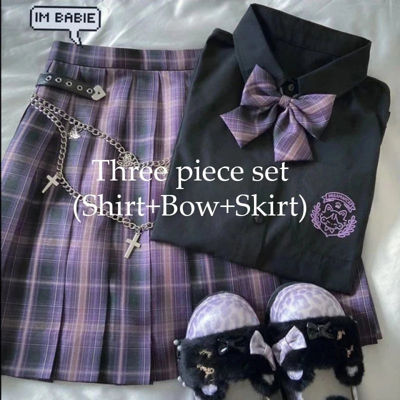 Japanese Harajuku Three piece set Plaid Mini Women Skirt School Uniforms Skirt A-line Sweet High Waist Women kawaii Suits & Sets