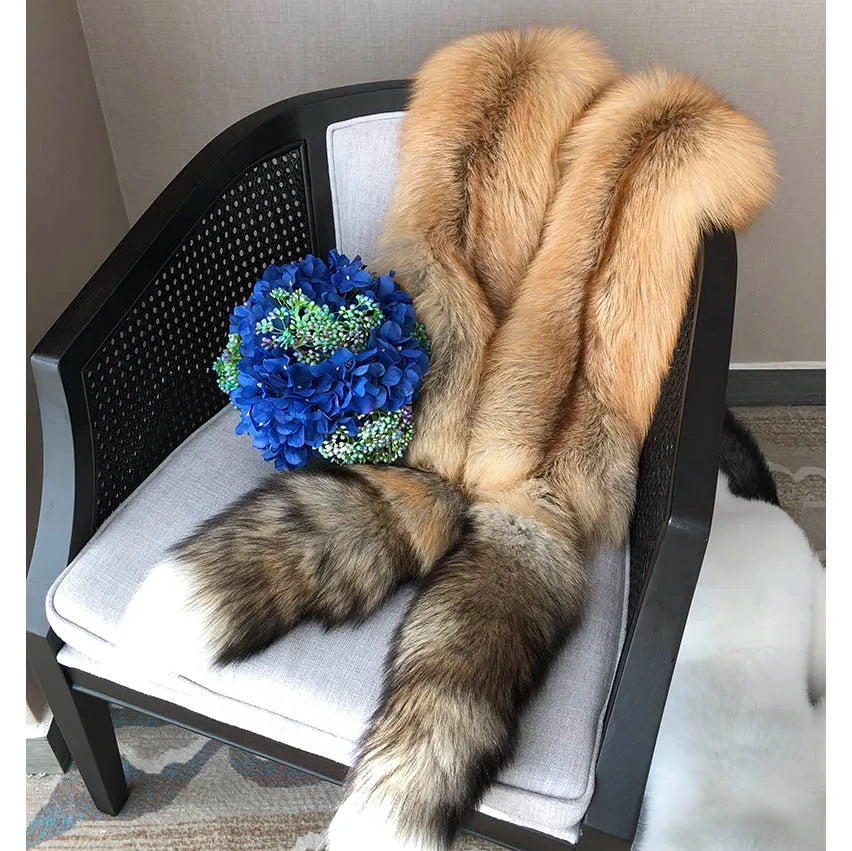 MS.Minshu Long Natural Fox Fur Scarf  Genuine Fur Boa Whole Fox Stole with Tails