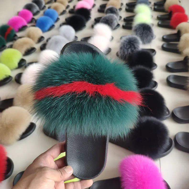 Women Summer Casual Fluffy Slippers With Fur Flat Non-Slip Real Fox Fur Furry Slides Large Size Shoes Fur Sandals