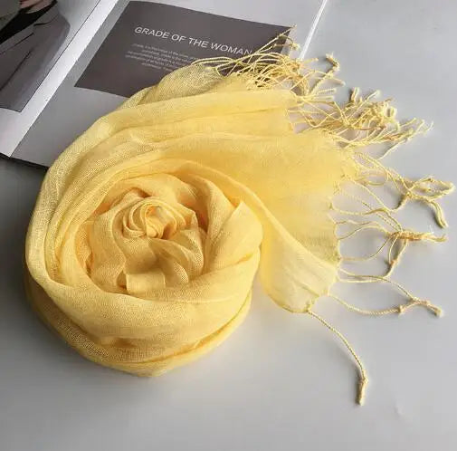 55*180cm Fashion Soft Solid Women 100% Linen Flax Tassel Scarf Summer Travel Sunscreen Long Shawl Elegant Hijab Women Foulard
