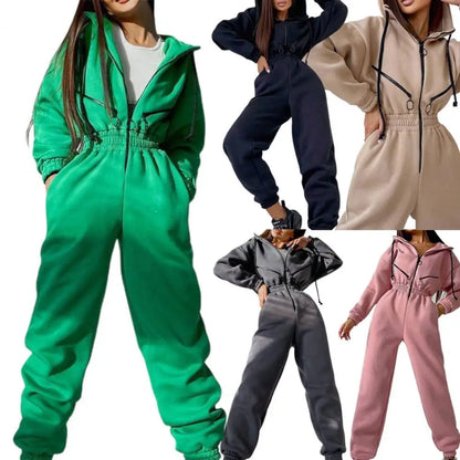 Warm Winter Women Hooded Playsuit Solid Color Thick Tight Waist Rompers Casual Women Hoodie Jumpsuit Overalls combinaison femme