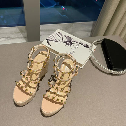 Rivet Wedges Women Sandals Open Toe Ankle Buckle Strap Ladies Platform Wedges Sandals High Heels Roman Rattan Grass Woven Shoes