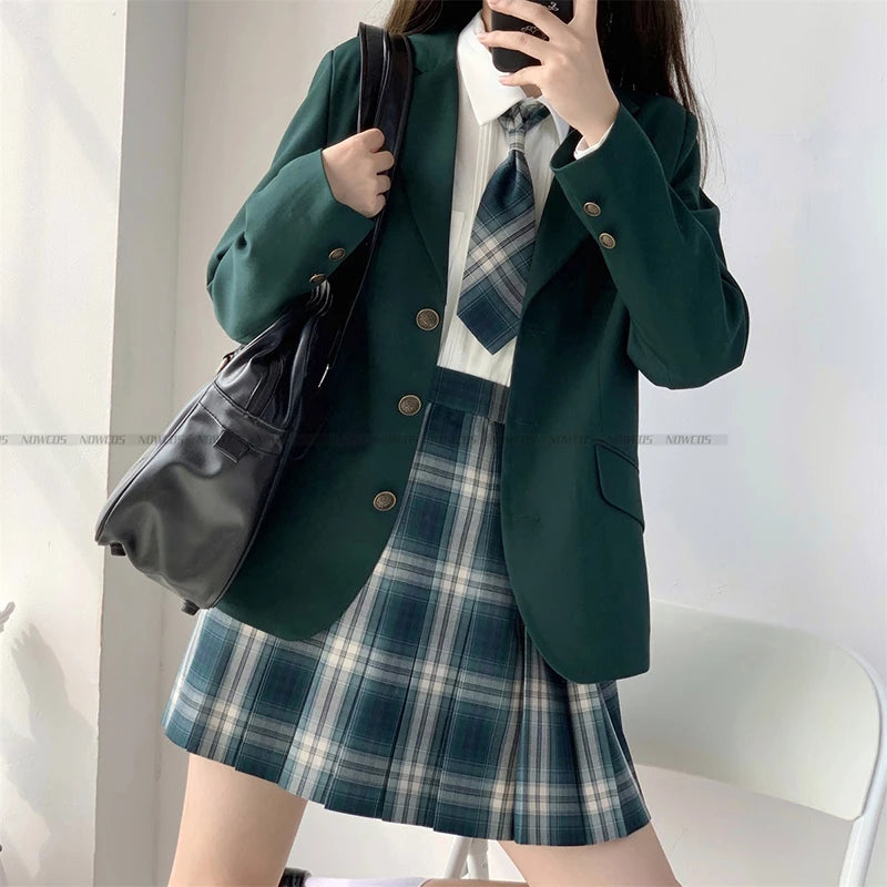 2024 Fashion Spring Autumn JK Uniform Jacket Three Buttons Suit Jacket College Style Female Student Suit Long Sleeves Green
