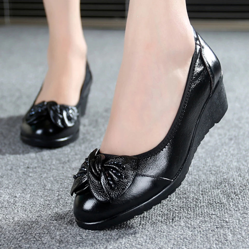 Women's Genuine Leather Pumps with Soft Butterfly Knot Wedge Low Heel Comfortable Round Toe Ladies Mother Loafers