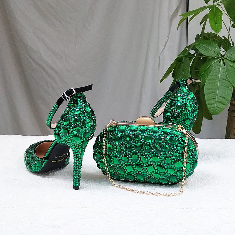BaoYaFang 2022 NEW ARRIVE Green Crystal Wedding Shoes Woman Thin Heel Pointed Toe Bridal Party Dress Shoe Big Size High Pumps