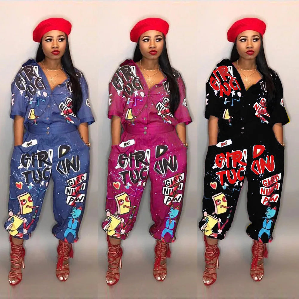 2020 New Style Brand Fashion Hip Hop Style Women Jumpsuit Special Letter Turn Down Collar Half Sleeve Romper Jumpsuit