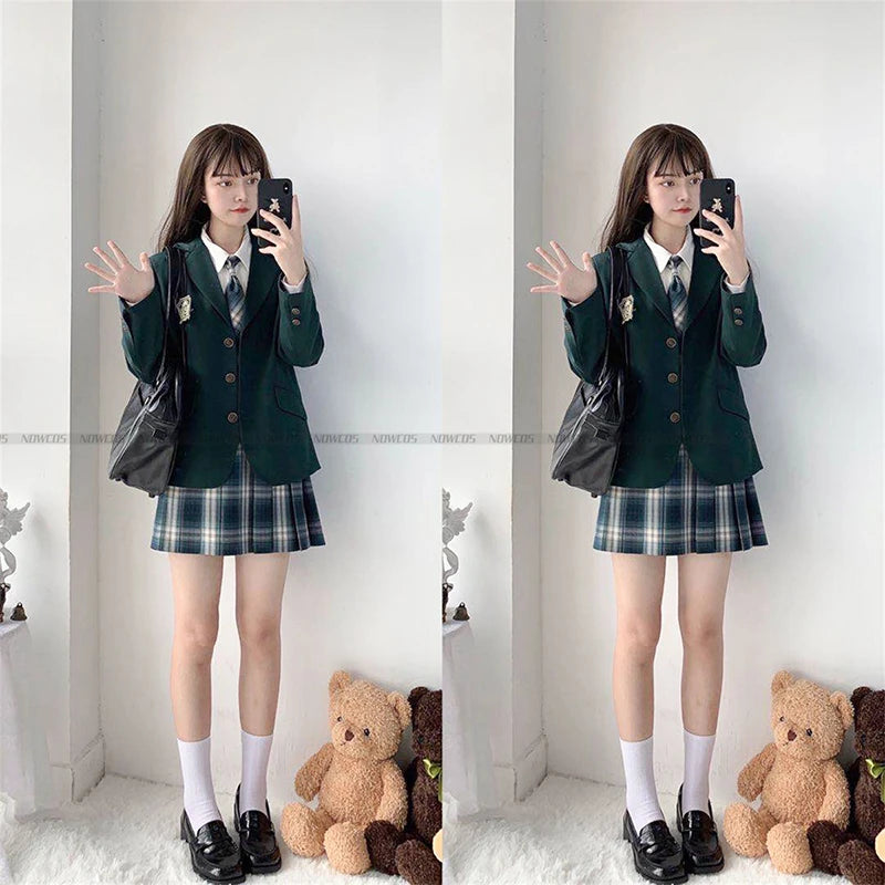 2024 Fashion Spring Autumn JK Uniform Jacket Three Buttons Suit Jacket College Style Female Student Suit Long Sleeves Green
