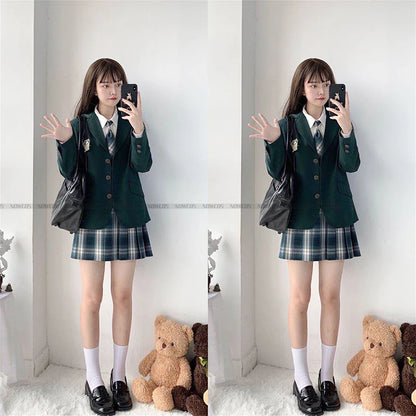 2024 Fashion Spring Autumn JK Uniform Jacket Three Buttons Suit Jacket College Style Female Student Suit Long Sleeves Green