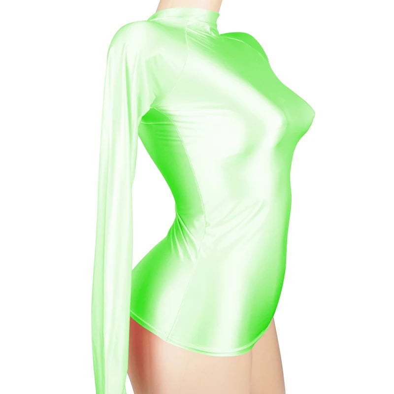 Shiny Long Sleeves Bodysuit Women Glossy Sportswear High Neck Gym Suit Sexy Transparent Leotards Compression Shirt Bathing Top