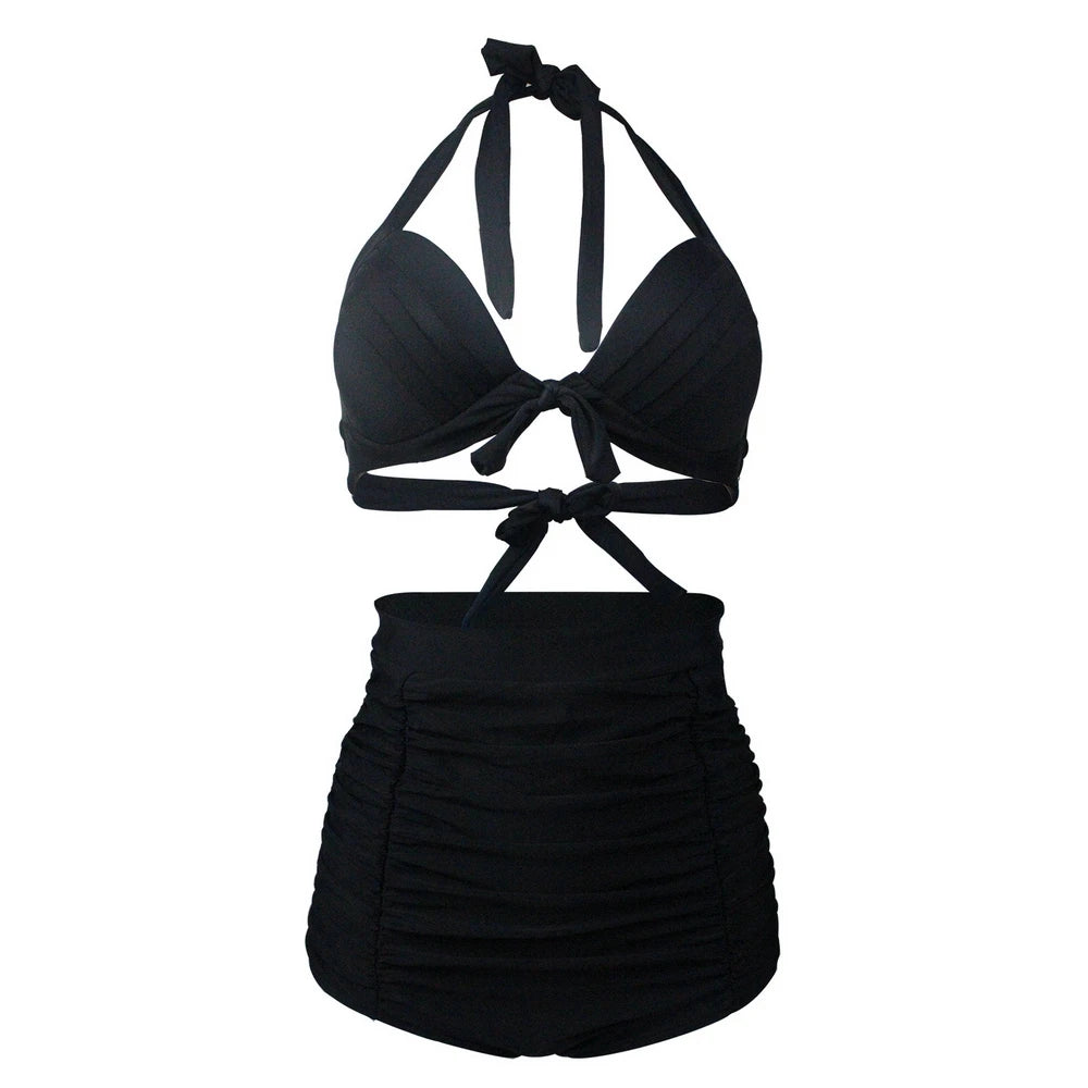 Pleated Bikini Red Top Navy Blue With White Dots Bottom Women Classic High Waist Halter Bikini Sets Plus Size Two-piece Swimwear