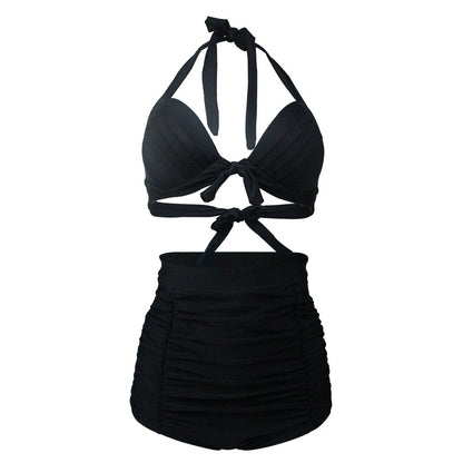 Pleated Bikini Red Top Navy Blue With White Dots Bottom Women Classic High Waist Halter Bikini Sets Plus Size Two-piece Swimwear