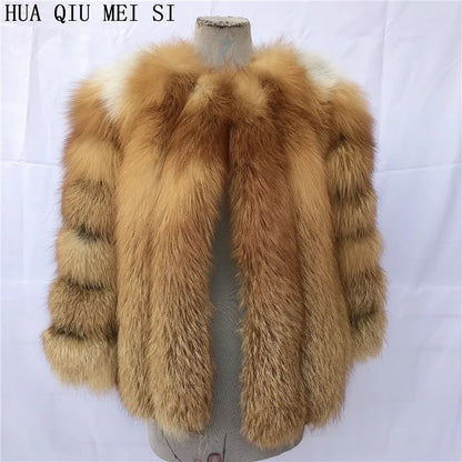 HUAQIUMEISI Real Fox Fur Coat Women's Autumn and Winter Vertical Bar Natural Fox Jacket New Fashion Silver Fox Fur Coat