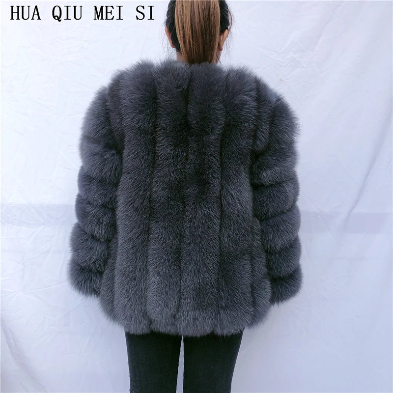 HUAQIUMEISI Real Fox Fur Coat Women's Autumn and Winter Vertical Bar Natural Fox Jacket New Fashion Silver Fox Fur Coat