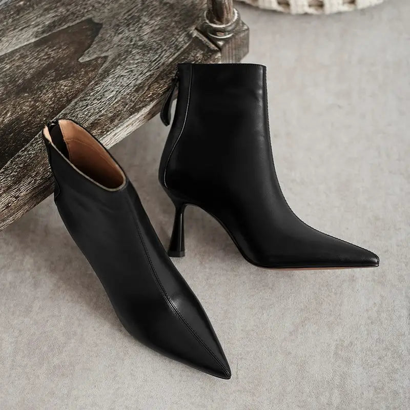 Krazing Pot Big Size 42 Cow Leather Pointed Toe High Heels Chic Design Concise Winter Spring Shoe Dress Warm Wedding Ankle Boots