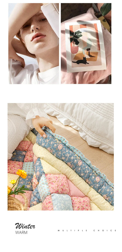 Large Thick Cotton Quilted Rugs for Living Room Anti Slip Bedroom Bedside Carpet Rugs Winter Warm Floral Print Tatami Floor Mats