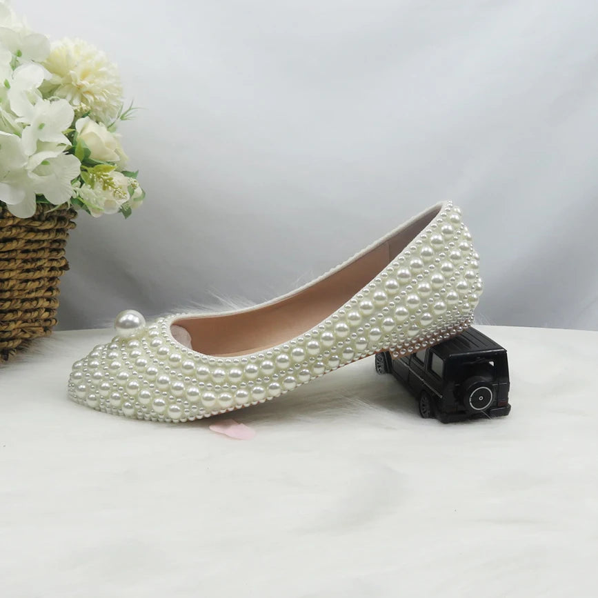 BaoYaFang White Beads Pearl Women Wedding Shoes Bride High Heels Shoes Ladies Super Big Size Party Dress Shoes Woman Pointed Toe