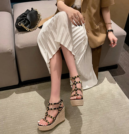Rivet Wedges Women Sandals Open Toe Ankle Buckle Strap Ladies Platform Wedges Sandals High Heels Roman Rattan Grass Woven Shoes