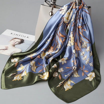 Wholesale Fashion Floral Print Kerchief Silk Satin Shawls and Wraps Hijab Scarfs Female 90cm*90cm Square Bag Scarves For Ladies