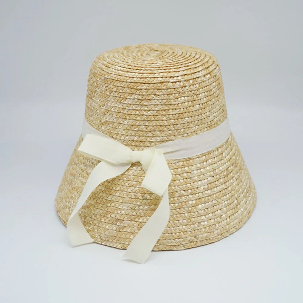 Handmade Summer Hats For Women Ladies Sun Hat Ribbon Bowknot Beige Straw Hat Adjuatble Beach Hat Wide Brim Kentucky Derby Hat