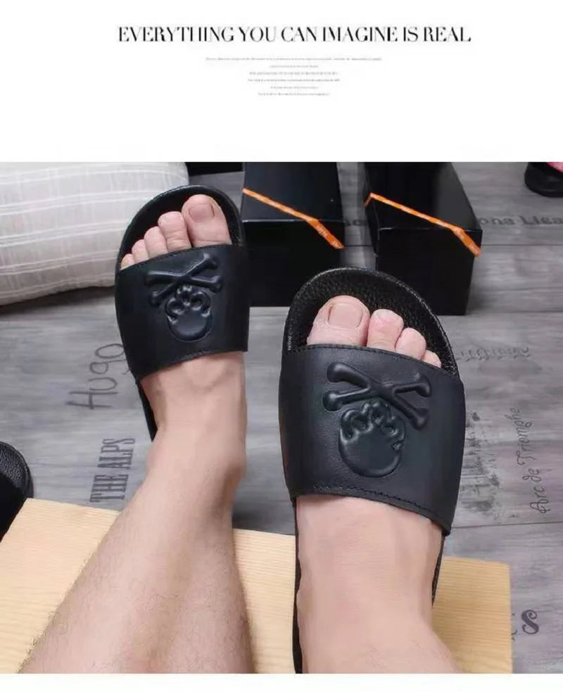 Summer Fashion Men's Leather Slippers Couple Beach Shoes Skull Sandals Slippers Antiskid Open Toe Flip Flops Big Size Slides