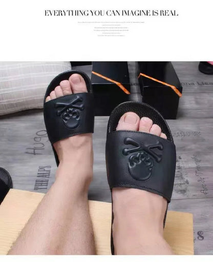 Summer Fashion Men's Leather Slippers Couple Beach Shoes Skull Sandals Slippers Antiskid Open Toe Flip Flops Big Size Slides