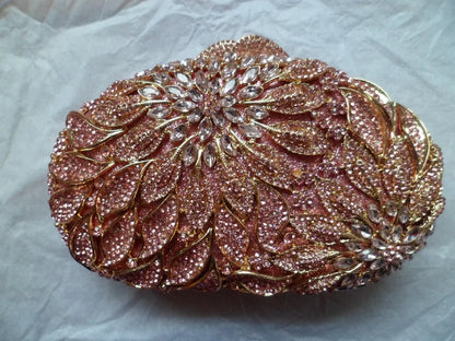 Gold Metal Leaves White Crystals Evening Clutch Bags Luxury Women Wedding Party Purse Ball Handbags Rhinestone Mini Minaudiere