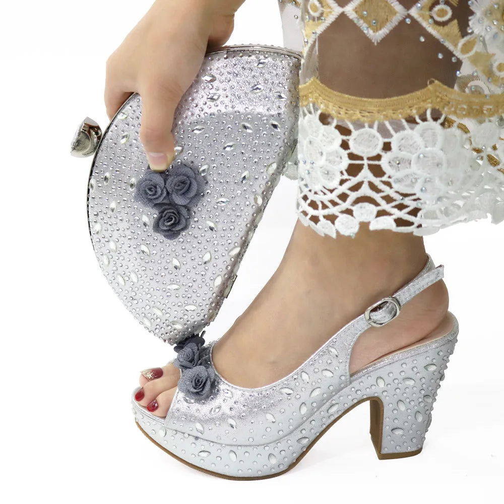 New Arrival Italian Women Shoes and Bag Set Decorated with Rhinestone In Party African Italian Shoes and Bag Set Party Shoes Bag