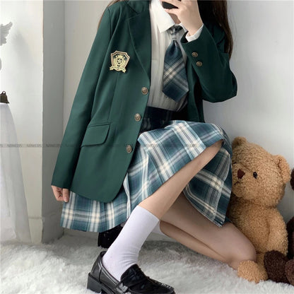 2024 Fashion Spring Autumn JK Uniform Jacket Three Buttons Suit Jacket College Style Female Student Suit Long Sleeves Green