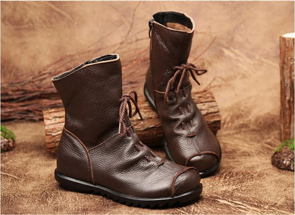 JIANBUDAN/ Genuine Leather Plush Women's Short Boots Retro Casual Autumn Winter Women's Boots Waterproof Leather Warm Snow Boots